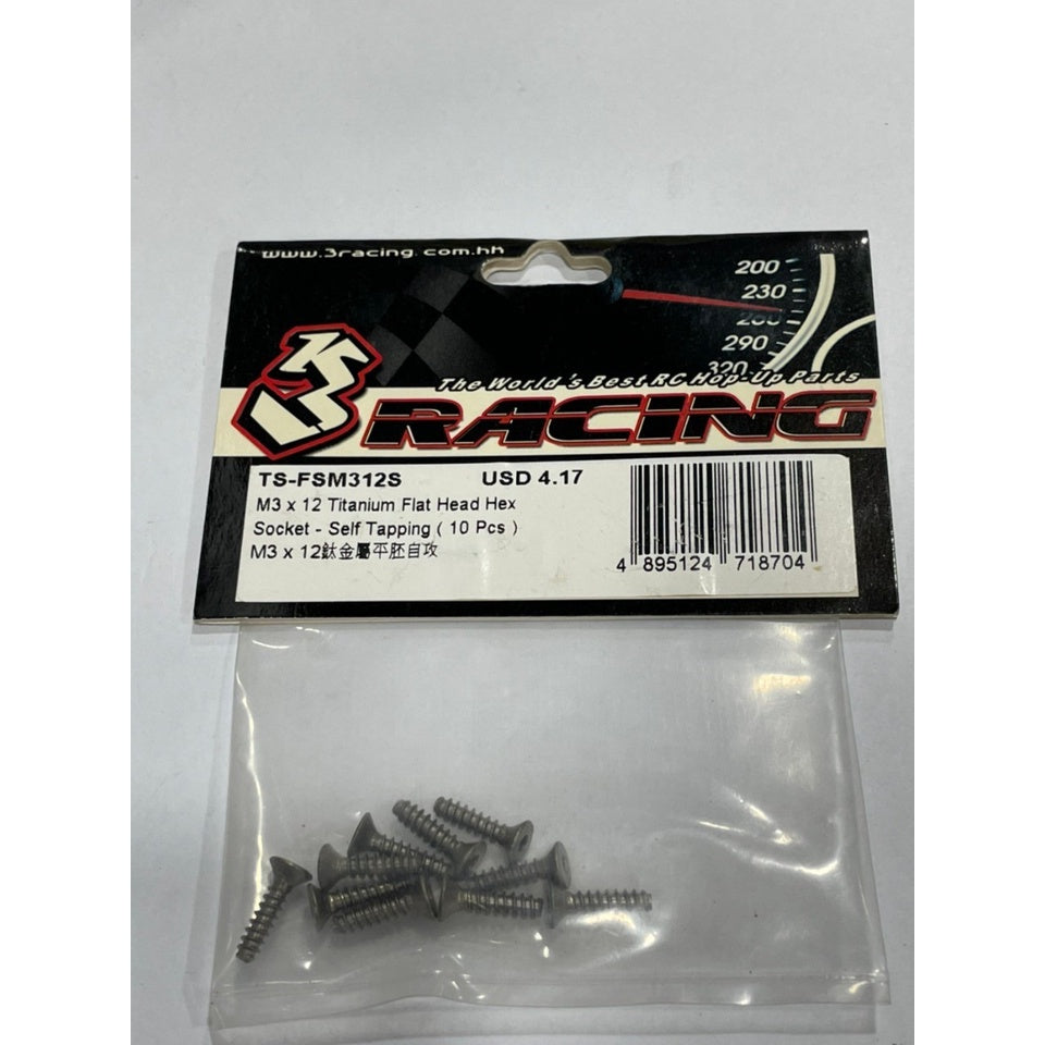 3Racing TS-FSM312S M3 x 12 Titanium Flat Head Hex Socket - Self Tapping (10 Pcs)